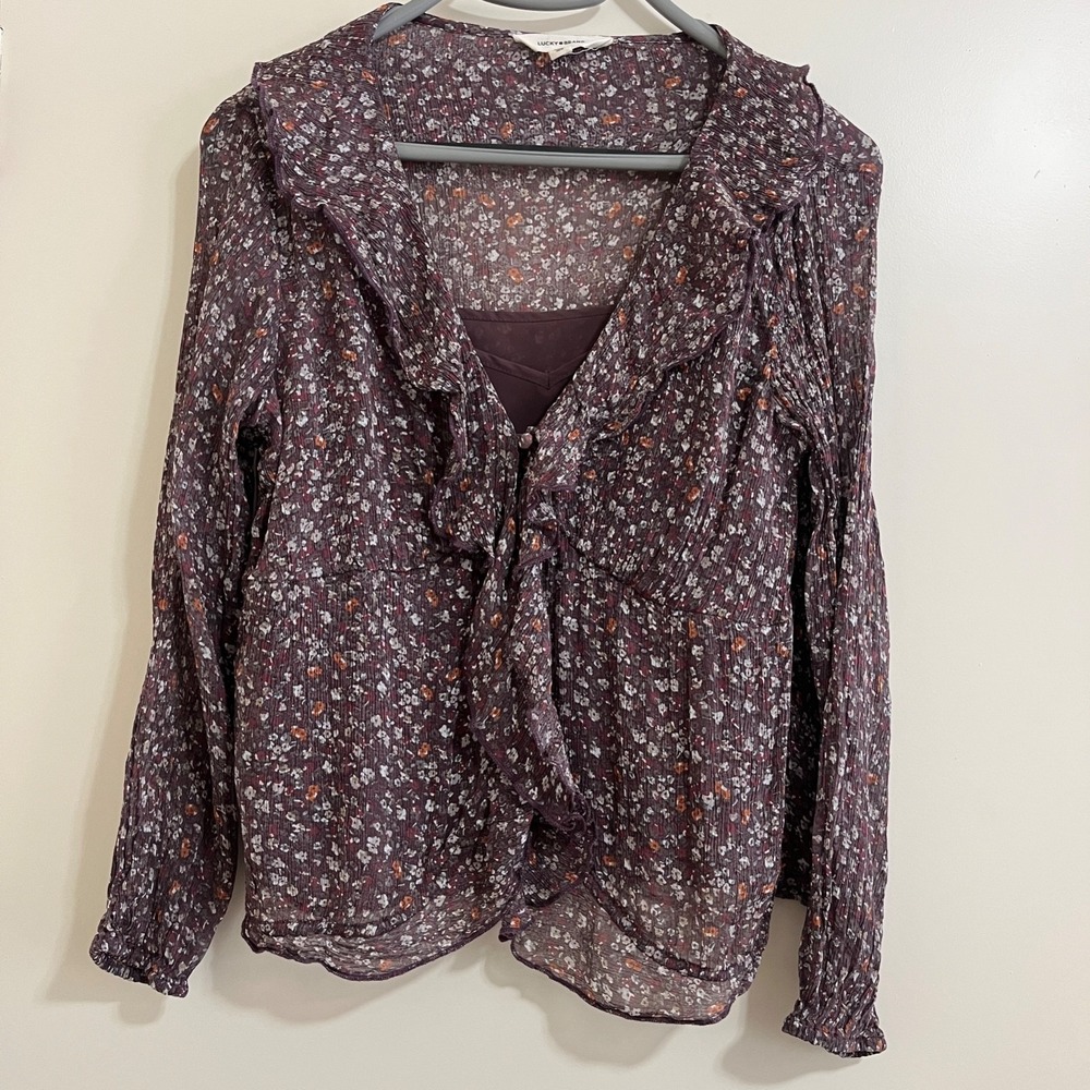 Lucky Brand Women Sheer Floral‎ Top Small Boho Fairy Grunge Whimsigoth Ruffle.